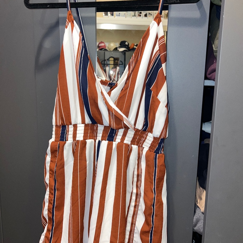 Burnt Orange, Blue, and White Tank Top Jumpsuit